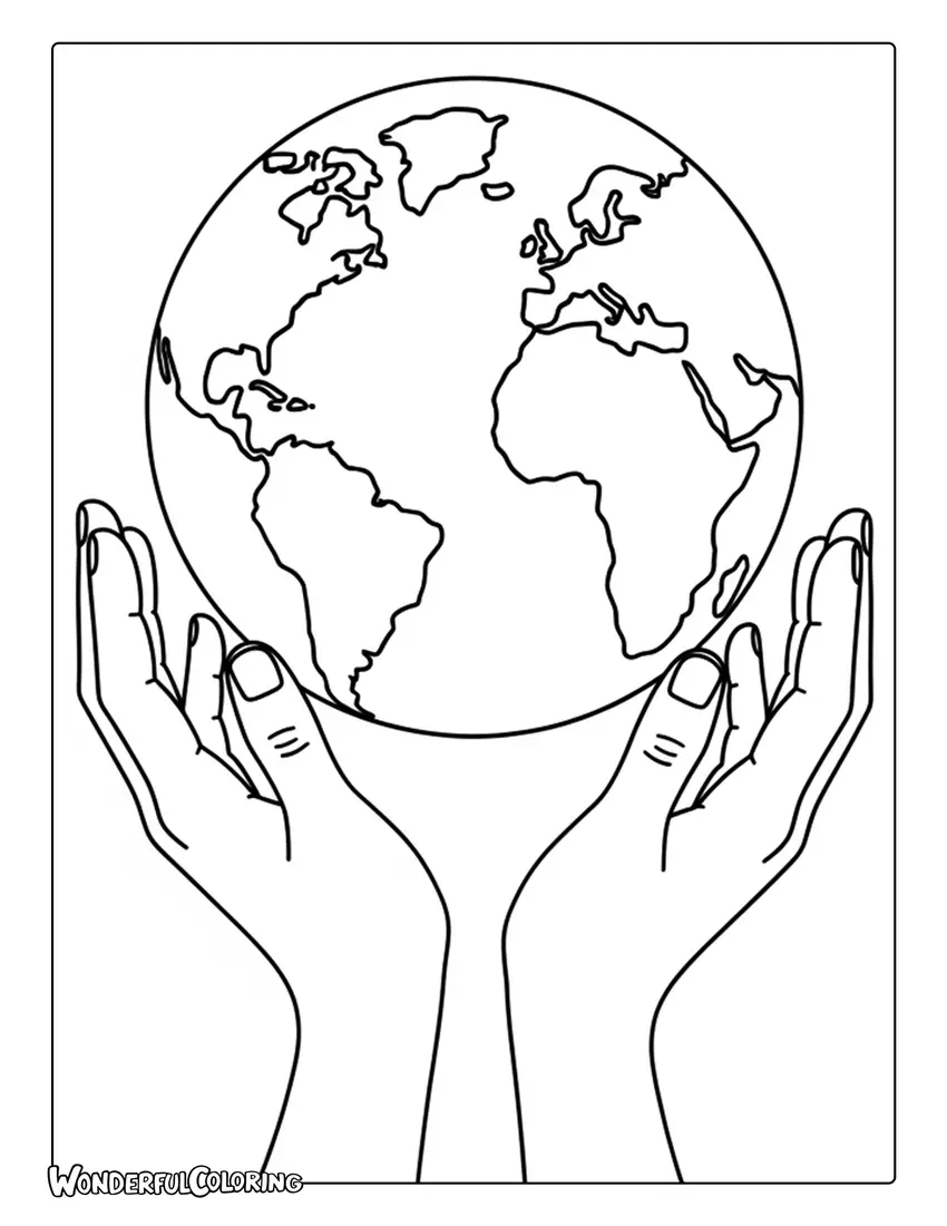hands holding earth simple symbolic coloring page