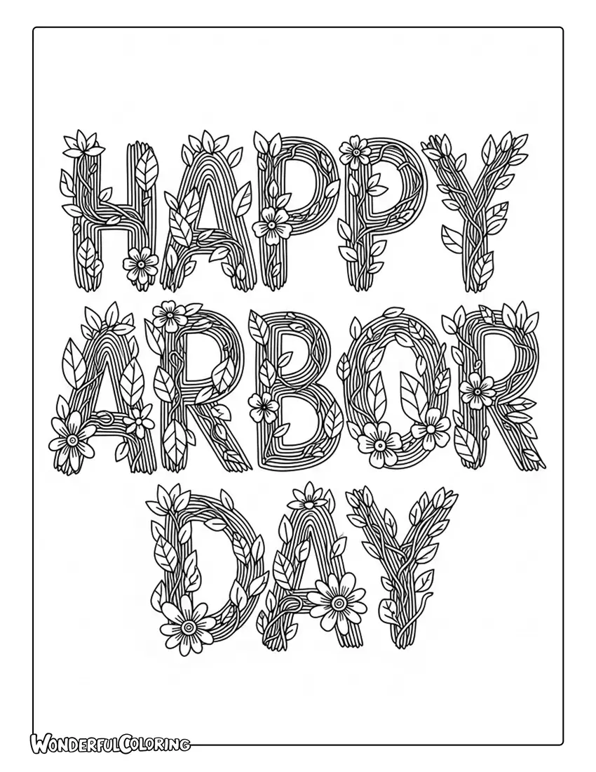 happy arbor day leaf vine typography coloring page