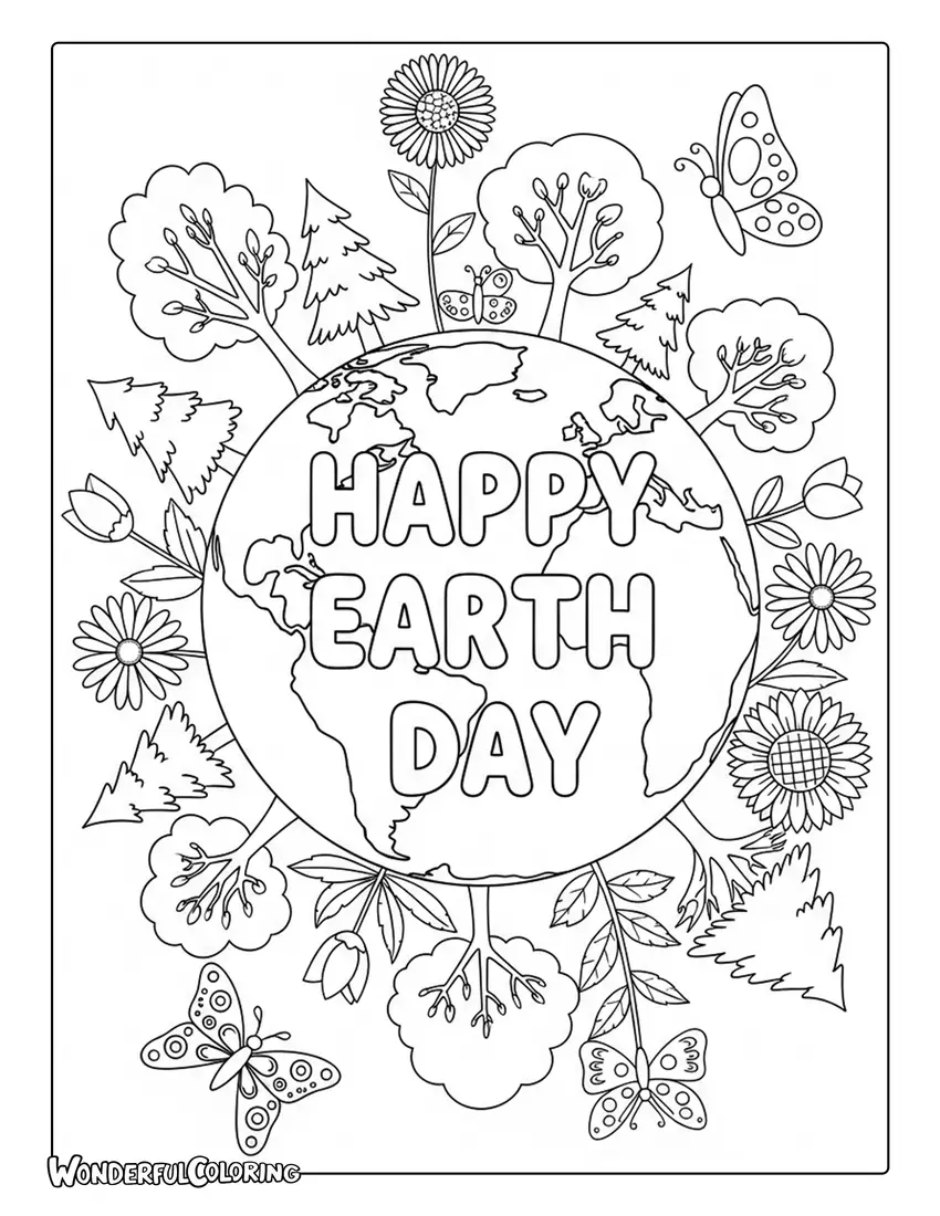 happy earth day globe trees flowers butterflies frame coloring page