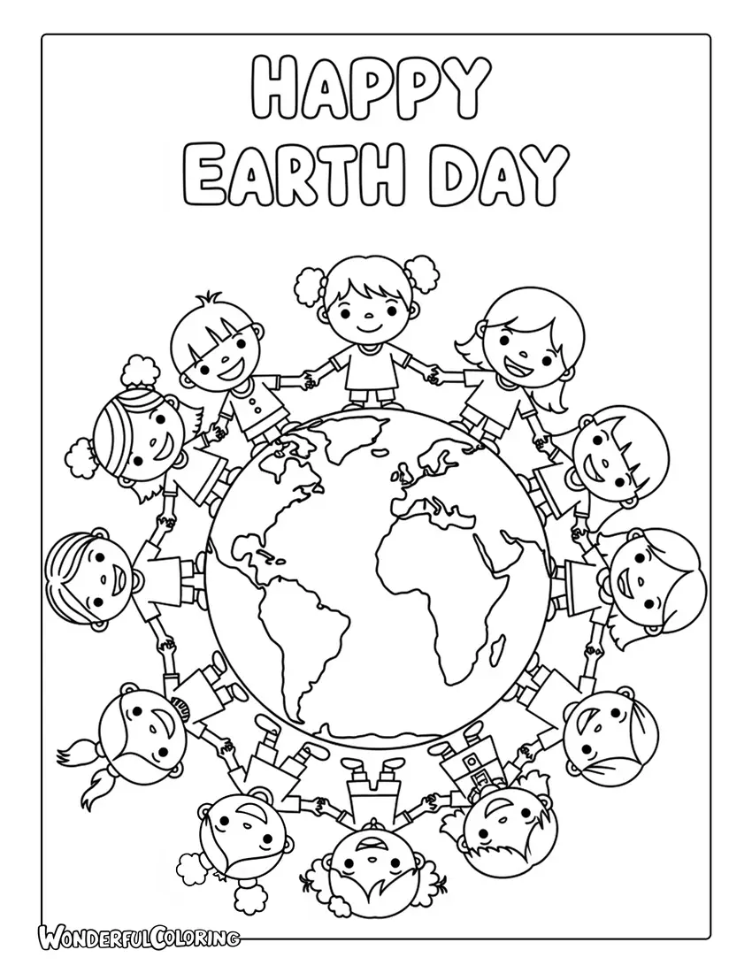 happy earth day kids holding hands around globe coloring page