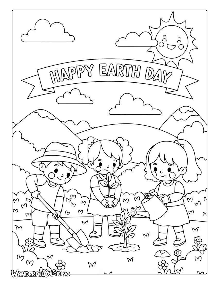 happy earth day kids planting trees in park coloring page