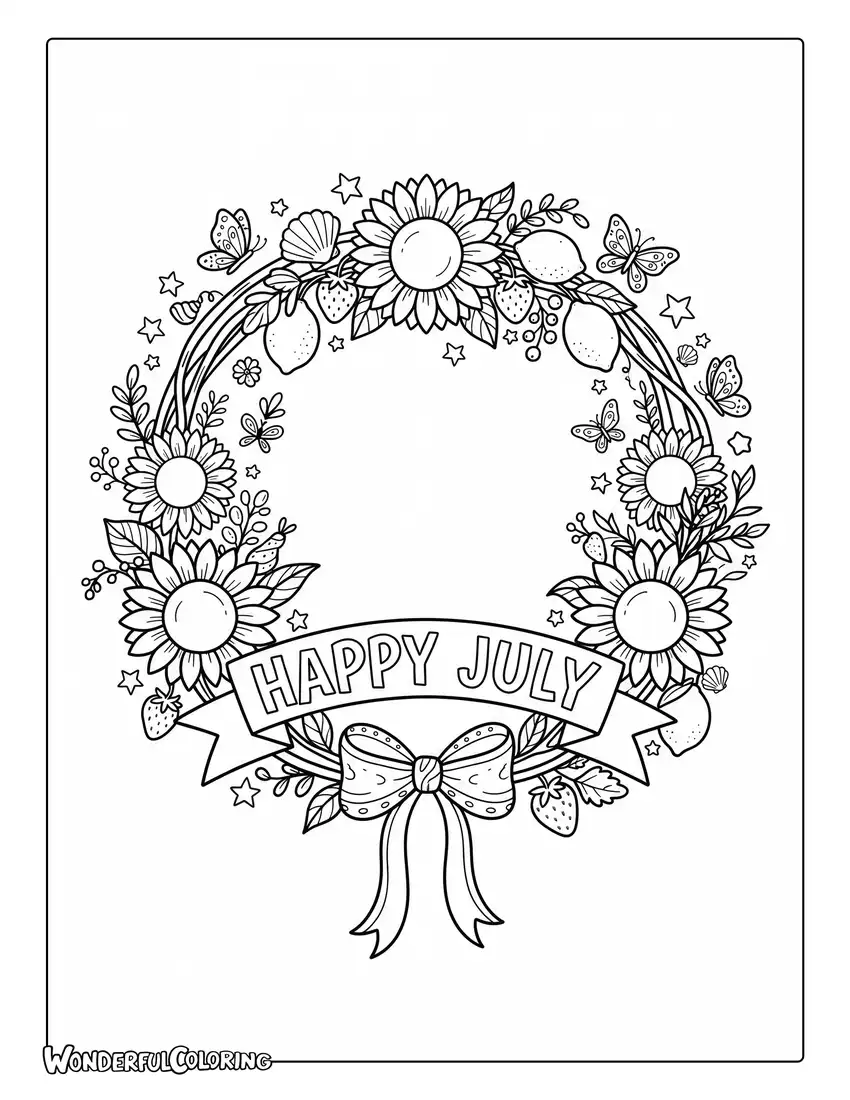Happy July seasonal wreath coloring page with sunflowers and seashells