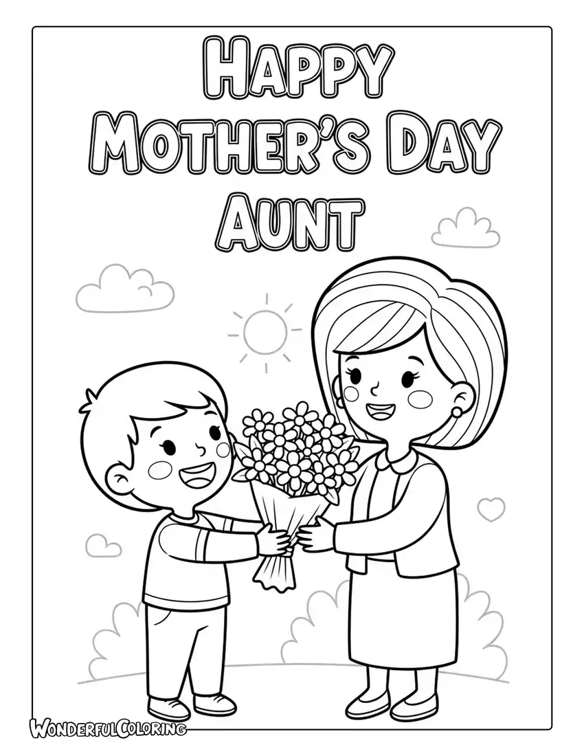 happy mothers day aunt flowers gift coloring page family scene