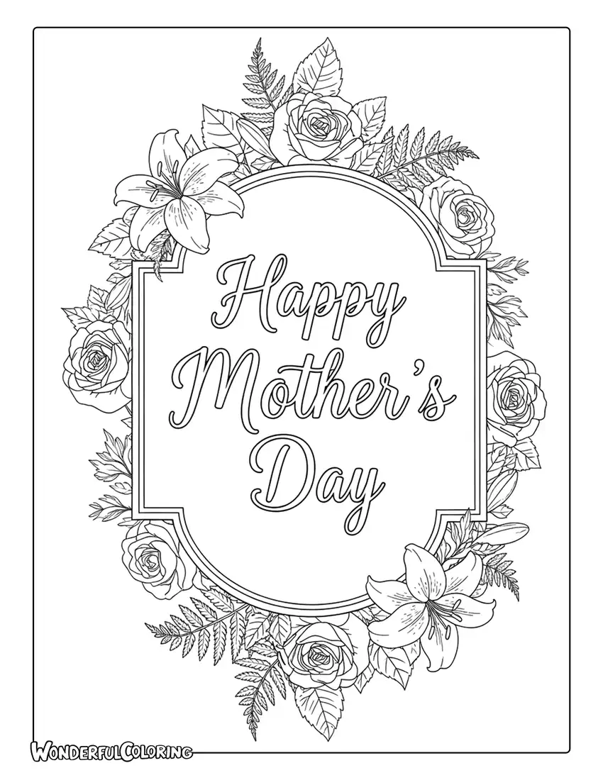 happy mothers day card floral border coloring page elegant style