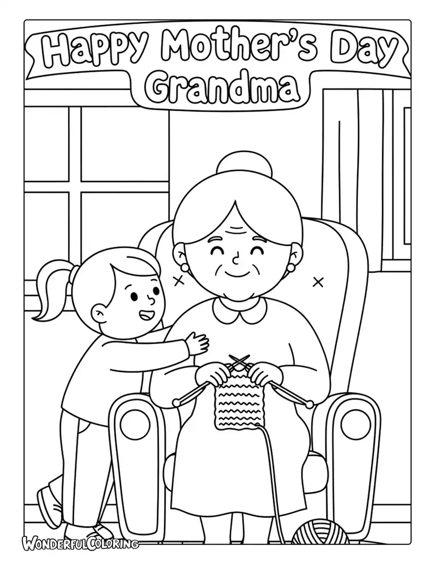 happy mothers day grandma knitting scene coloring page cozy home