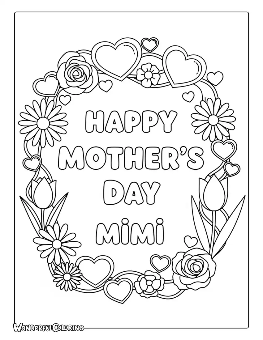 happy mothers day mimi cute lettering coloring page hearts flowers