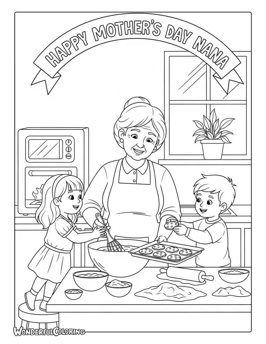 happy mothers day nana baking cookies coloring page kitchen scene