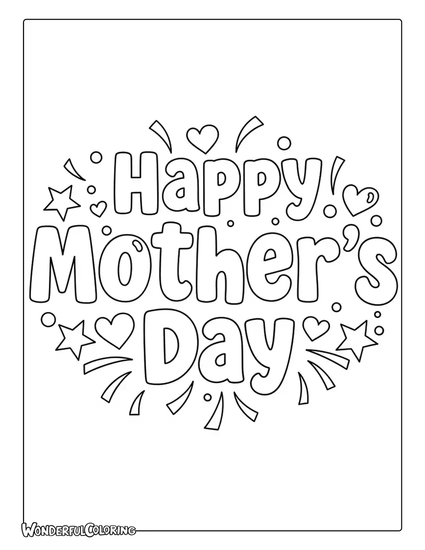 happy mothers day decorative text coloring page stars hearts design