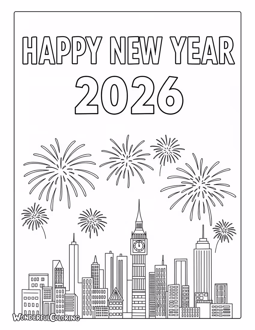 Happy New Year 2026 City Skyline Coloring Page with fireworks.