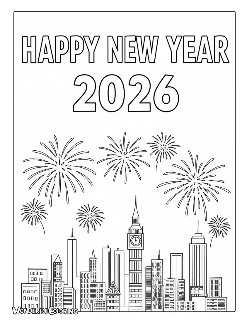 Happy New Year 2026 City Skyline Coloring Page with fireworks.