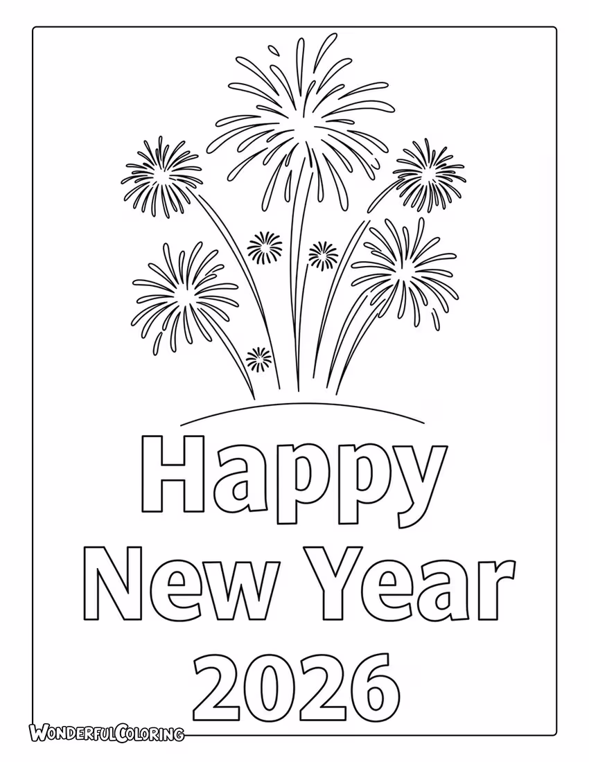 Happy New Year 2026 Fireworks Coloring Page