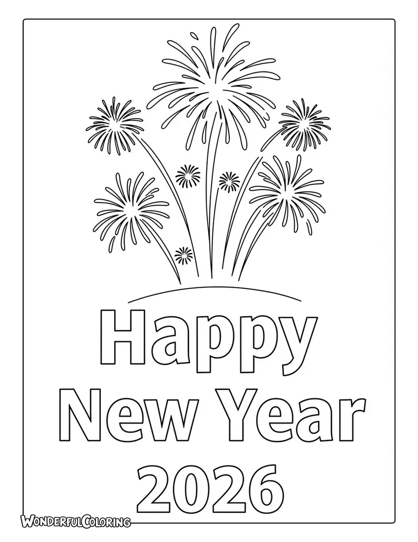 Happy New Year 2026 Fireworks Coloring Page