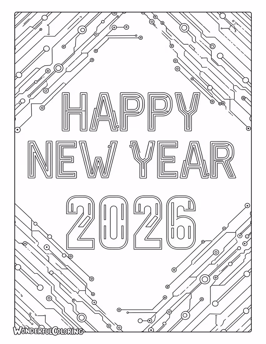 Happy New Year 2026 Tech Coloring Page with glowing circuits.