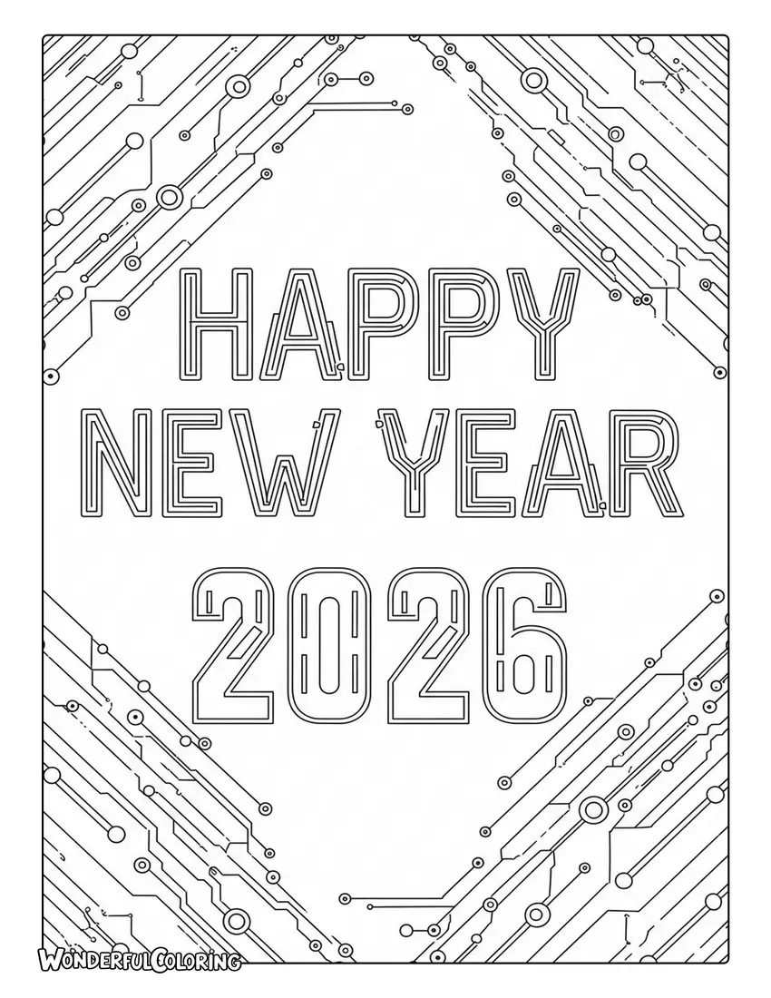 Happy New Year 2026 Tech Coloring Page with glowing circuits.