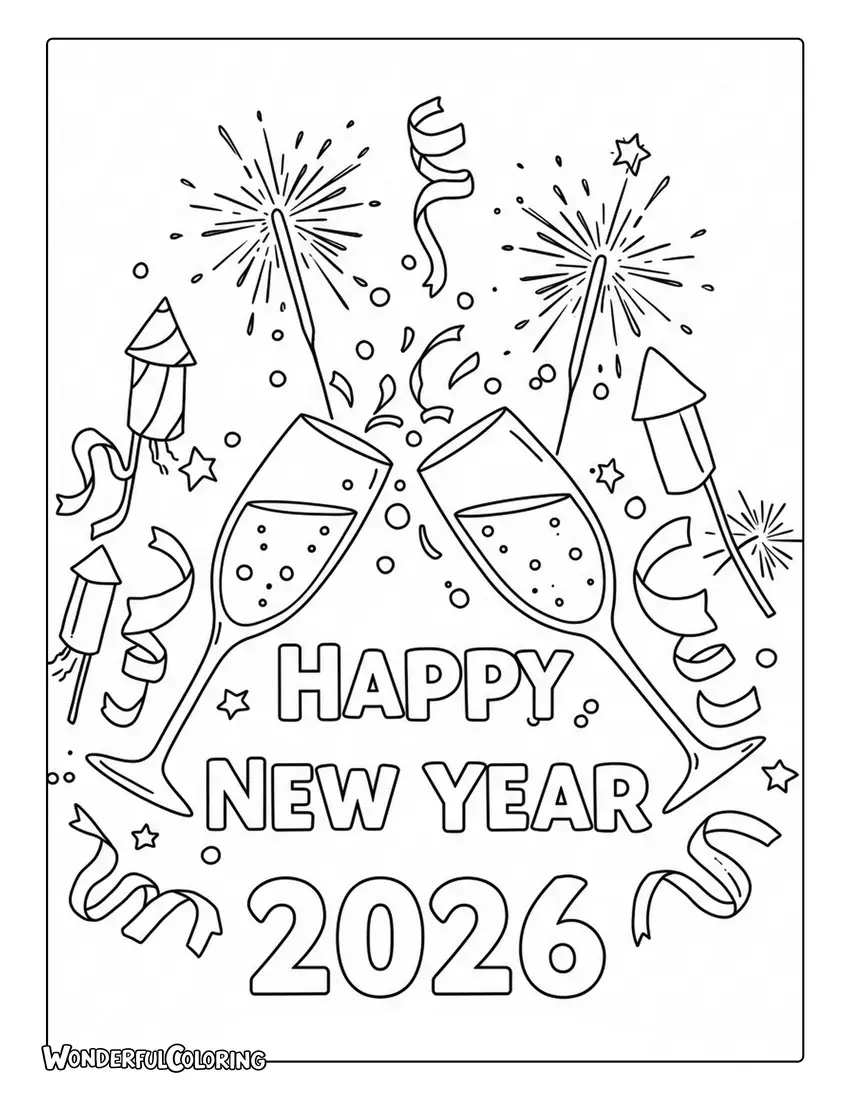 Happy New Year 2026 Holiday Sparkle Coloring Page with champagne glasses and ribbons.
