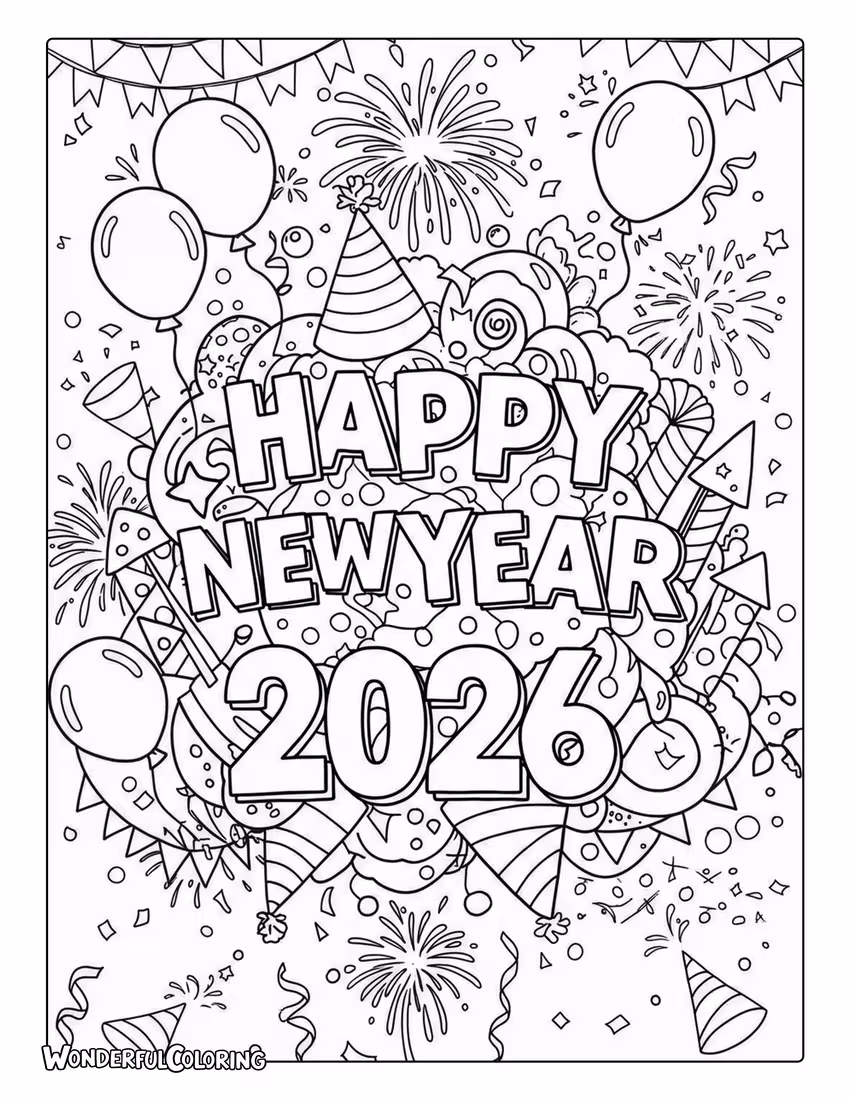 Happy New Year 2026 Party Outline Coloring Sheet