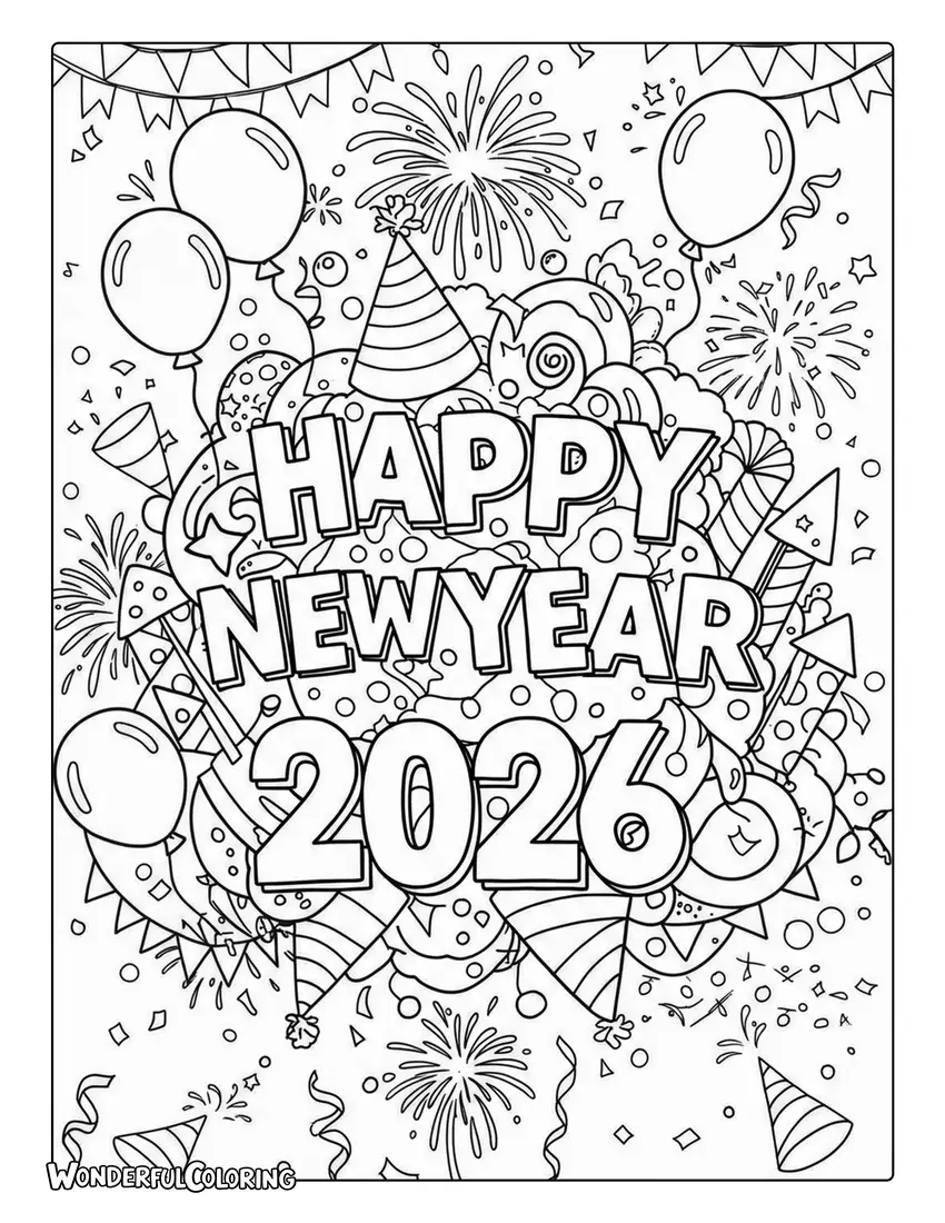 Happy New Year 2026 Party Outline Coloring Sheet
