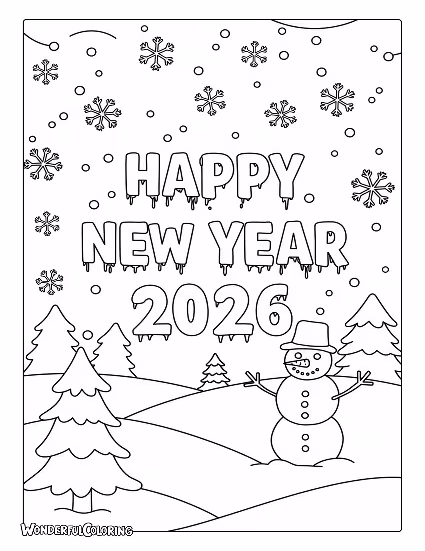 Happy New Year 2026 Snowy Winter Scene Coloring Sheet with snowflakes and a snowman.