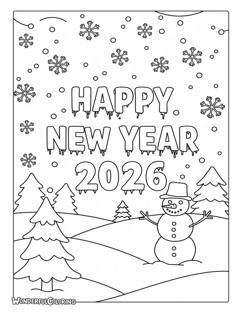 Happy New Year 2026 Snowy Winter Scene Coloring Sheet with snowflakes and a snowman.