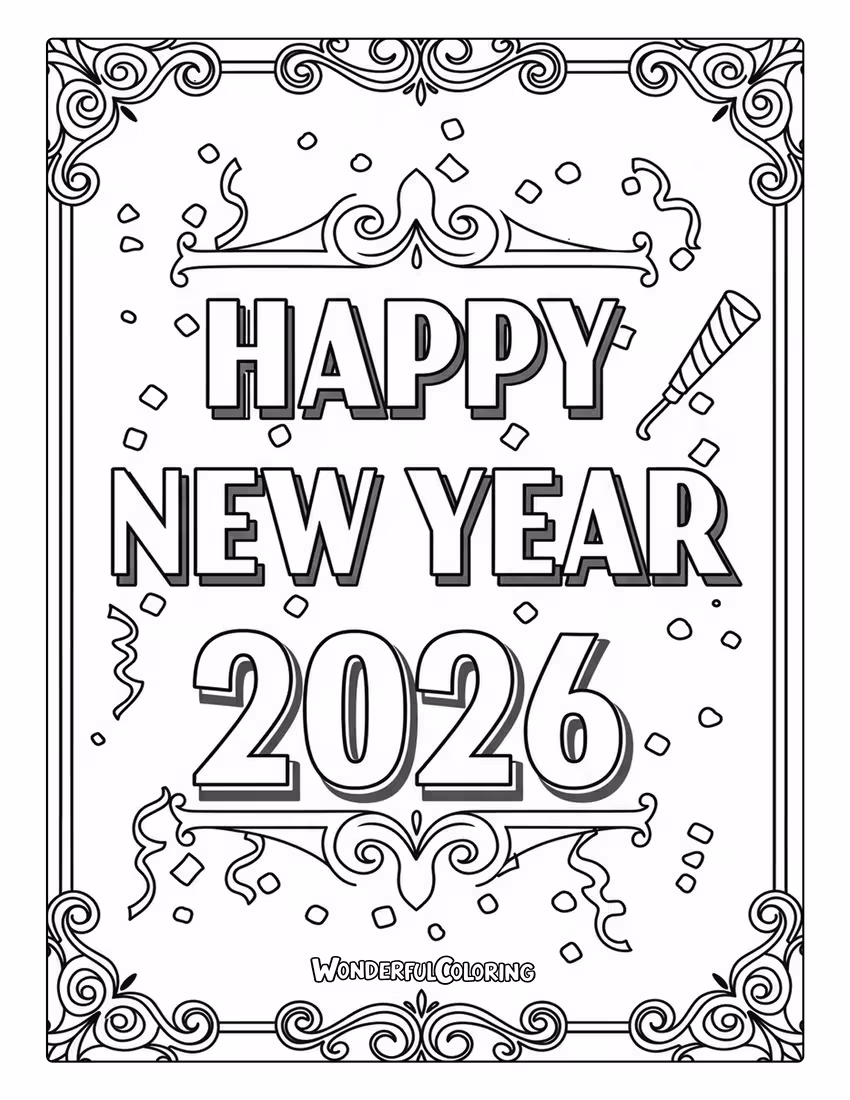 Vintage Happy New Year 2026 Poster Coloring Page with Retro-style text and old-fashioned lettering.