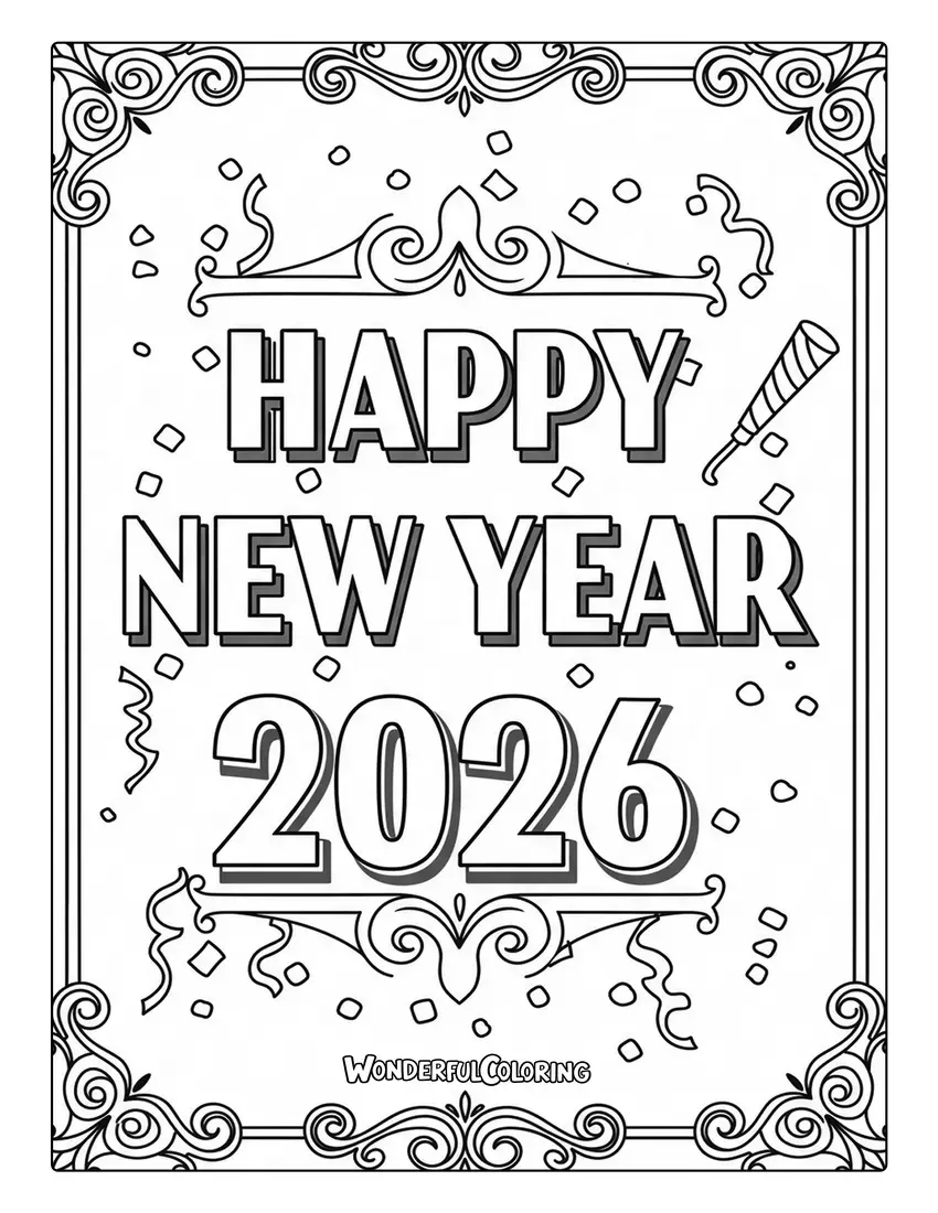 Vintage Happy New Year 2026 Poster Coloring Page with Retro-style text and old-fashioned lettering.