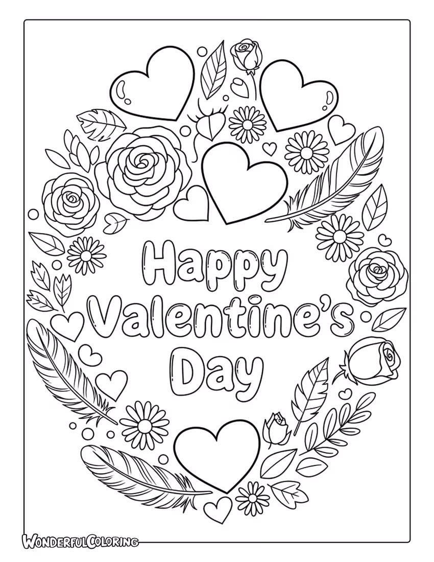 Happy Valentine’s Day boho hearts floral coloring page
