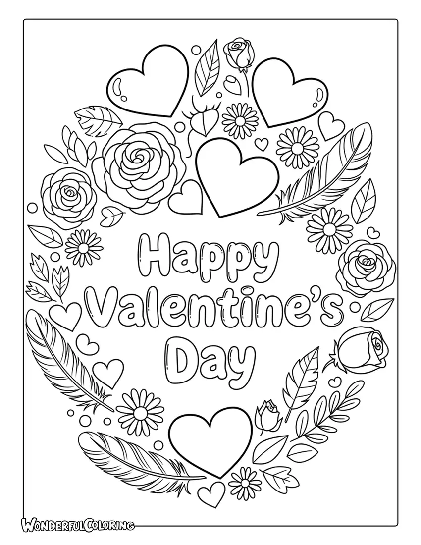 Happy Valentine’s Day boho hearts floral coloring page