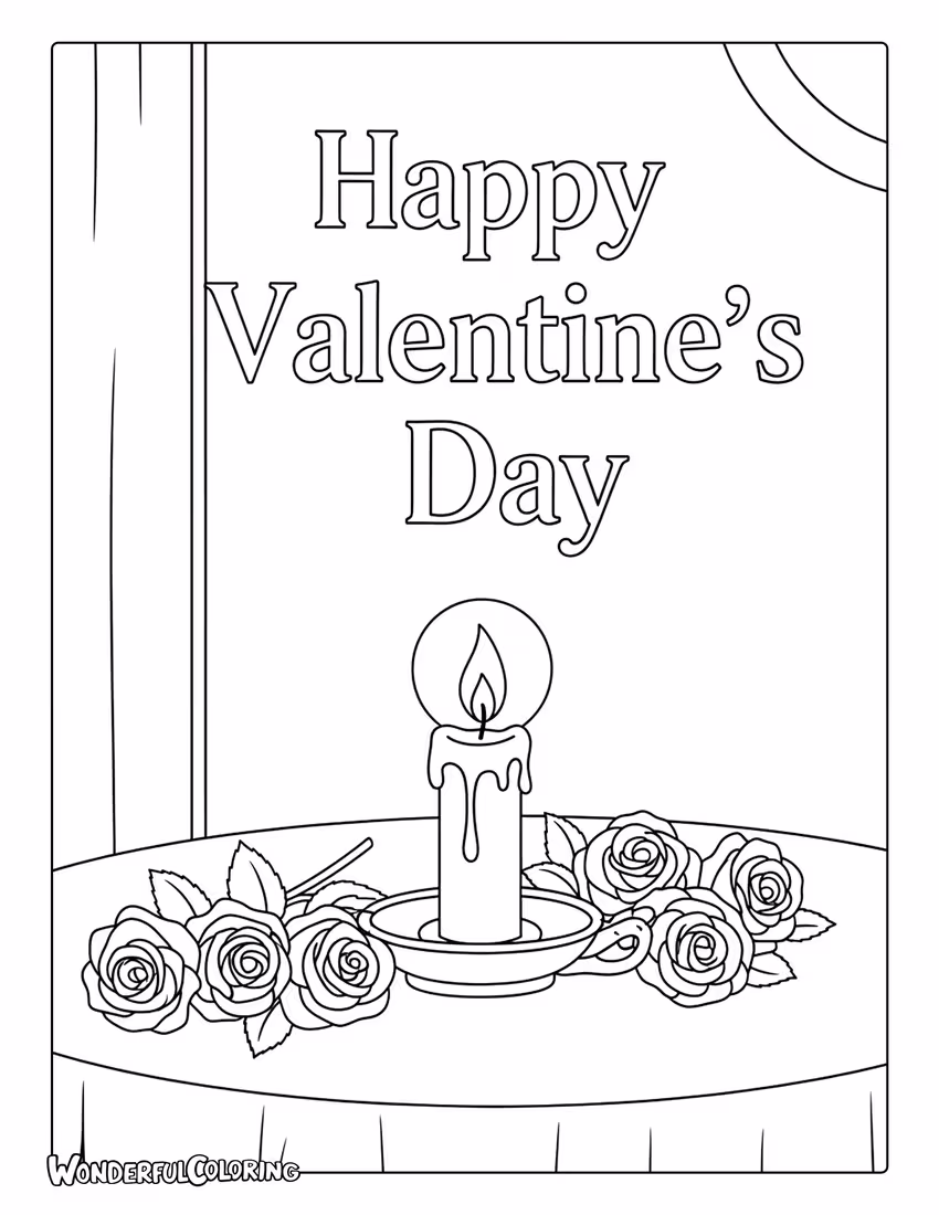 Happy Valentine’s Day romantic candles and roses coloring page