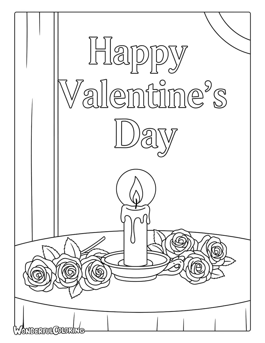 Happy Valentine’s Day romantic candles and roses coloring page