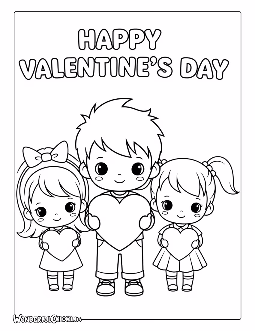 Happy Valentine’s Day chibi cute characters coloring page