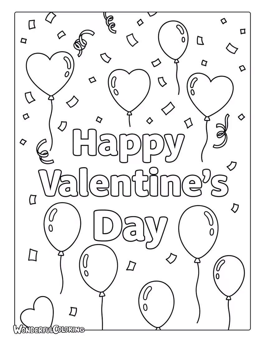 Happy Valentine’s Day confetti balloons coloring page