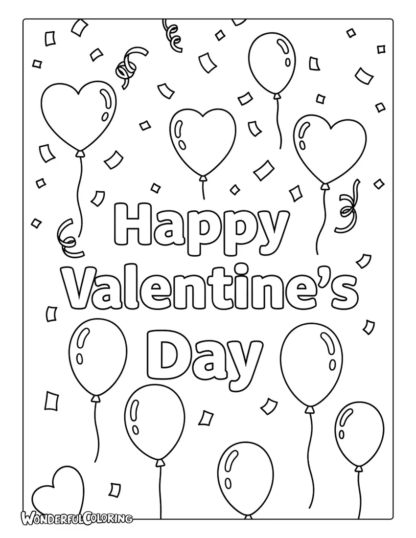Happy Valentine’s Day confetti balloons coloring page