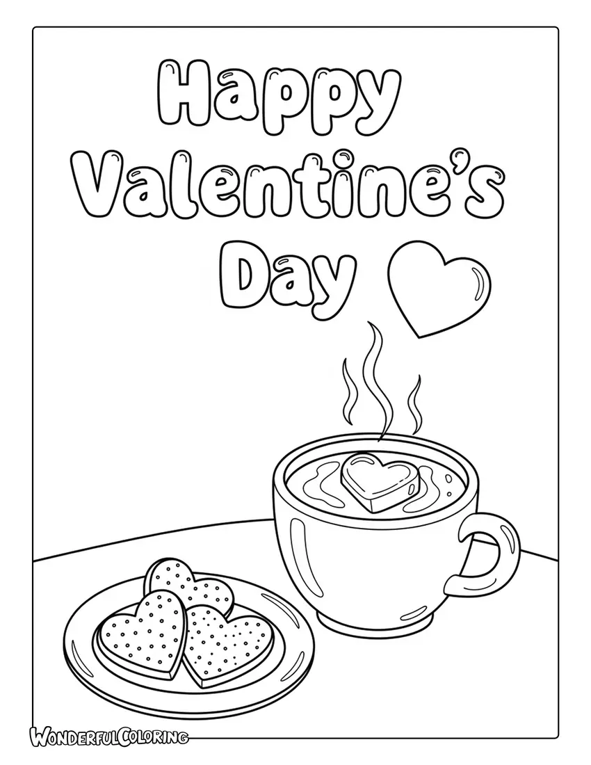 Happy Valentine’s Day cozy hot chocolate coloring page