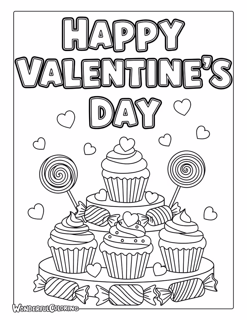 Happy Valentine’s Day desserts cupcakes coloring page