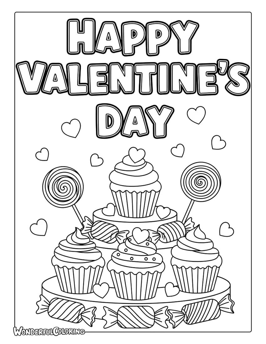 Happy Valentine’s Day desserts cupcakes coloring page