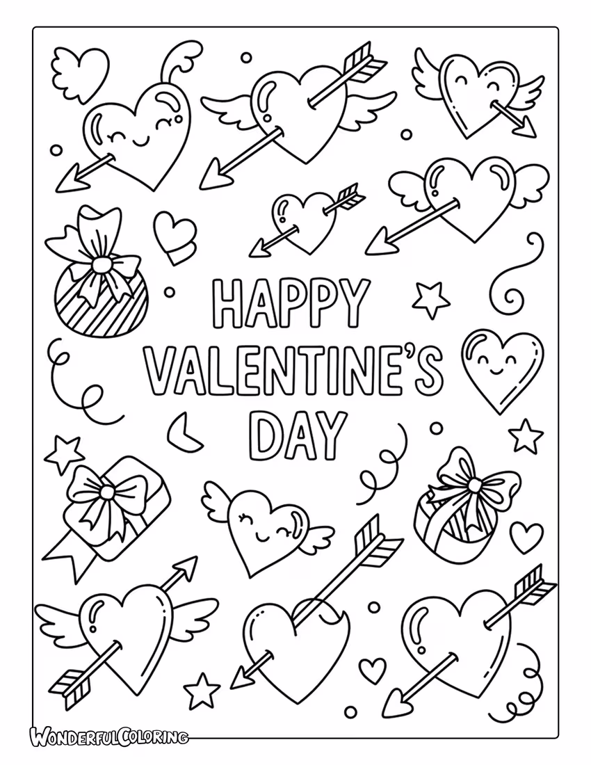 Happy Valentine’s Day doodle icons coloring page