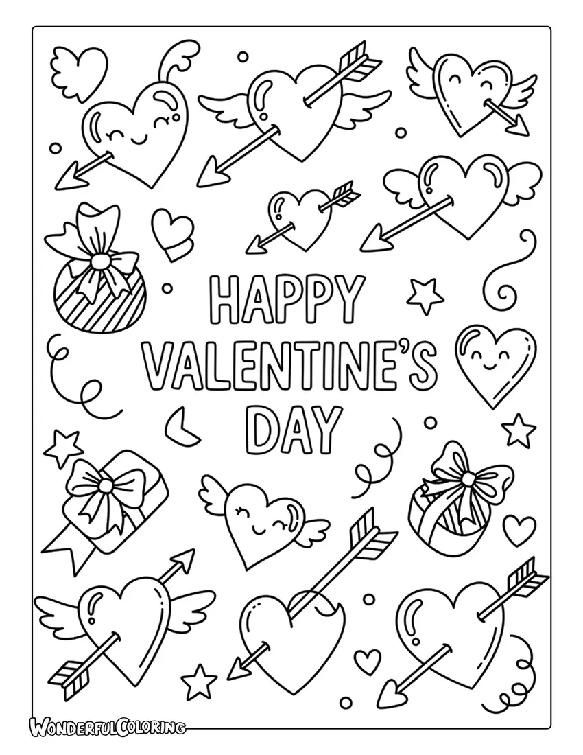 Happy Valentine’s Day doodle icons coloring page