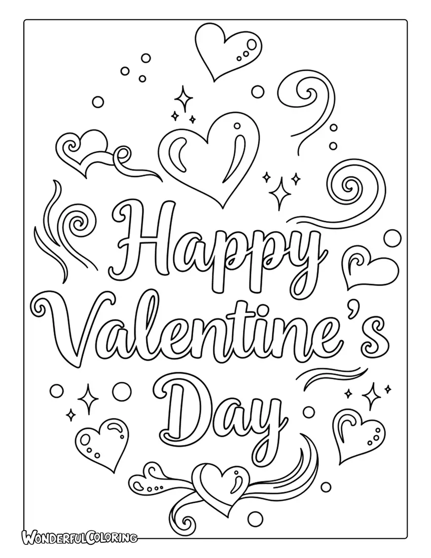 Happy Valentine’s Day fantasy magical hearts coloring page
