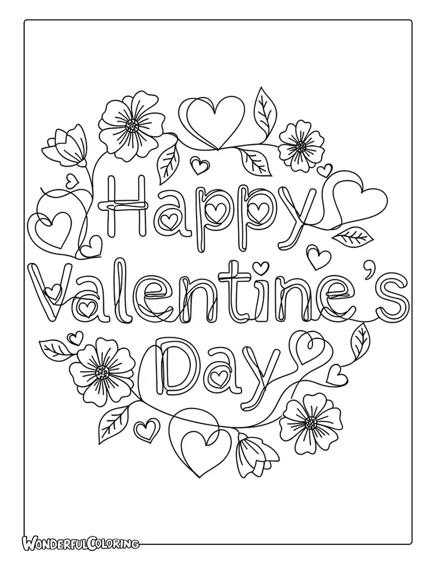 Happy Valentine’s Day floral line art coloring page