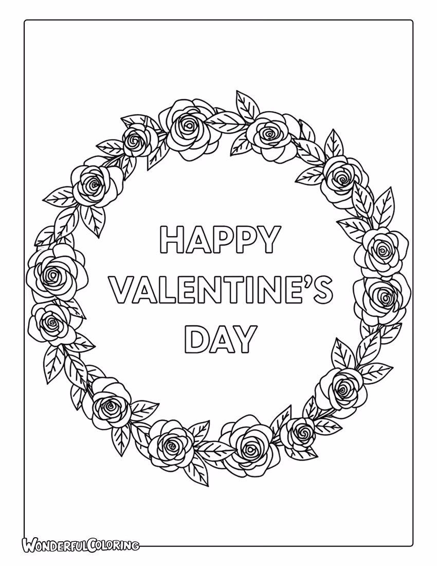 Happy Valentine’s Day floral wreath coloring page