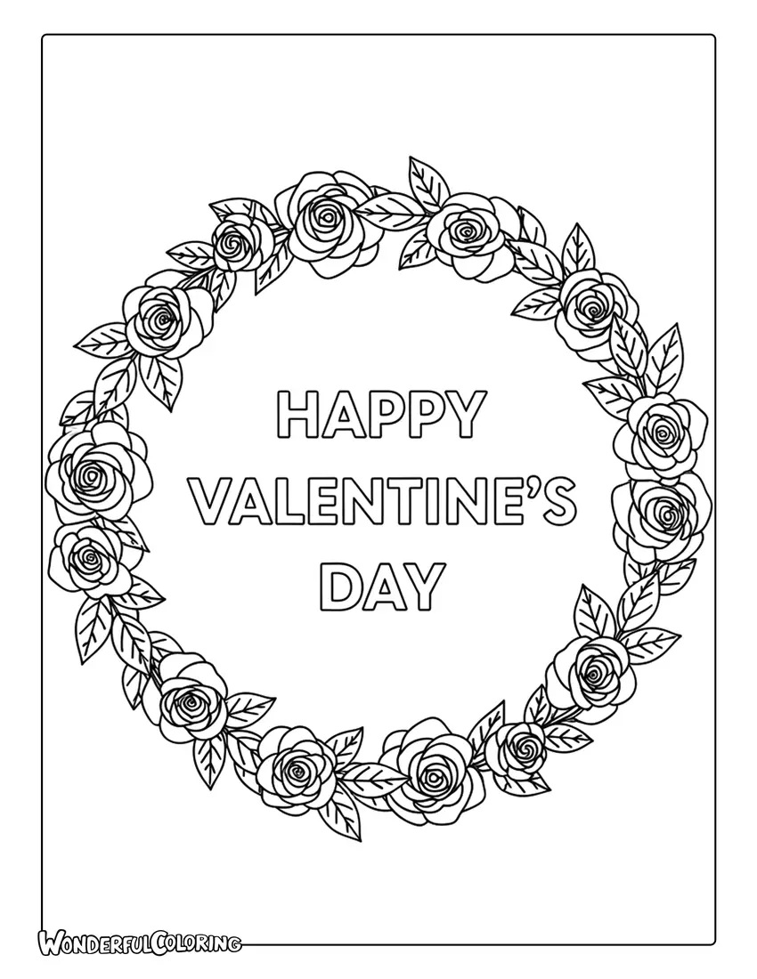 Happy Valentine’s Day floral wreath coloring page