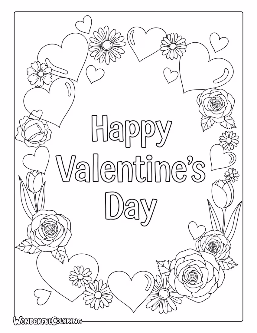 Happy Valentines Day Flowers Hearts Coloring Page