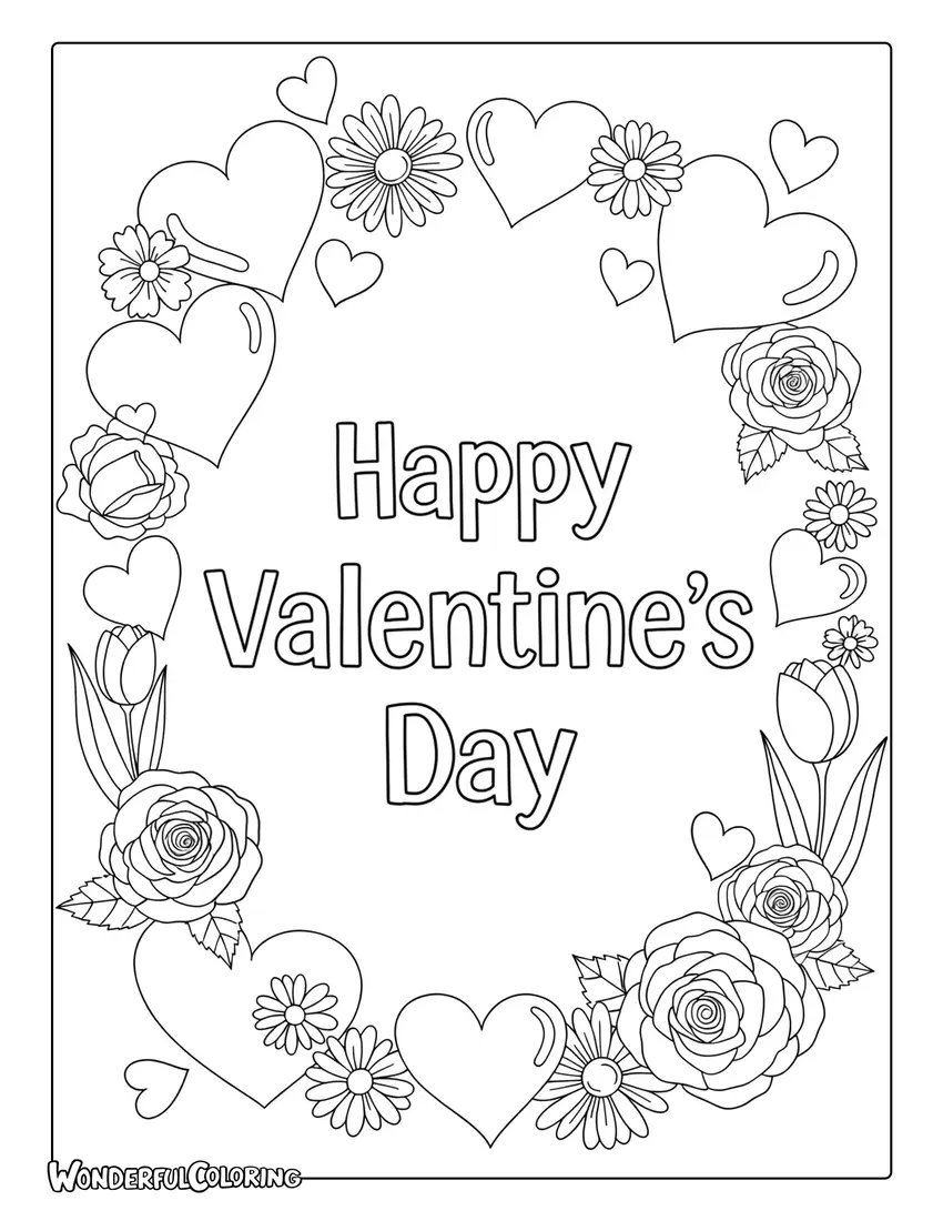 Happy Valentines Day Flowers Hearts Coloring Page