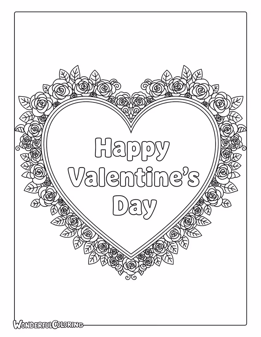 Happy Valentine’s Day heart frame floral coloring page