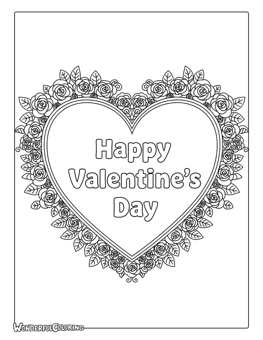Happy Valentine’s Day heart frame floral coloring page