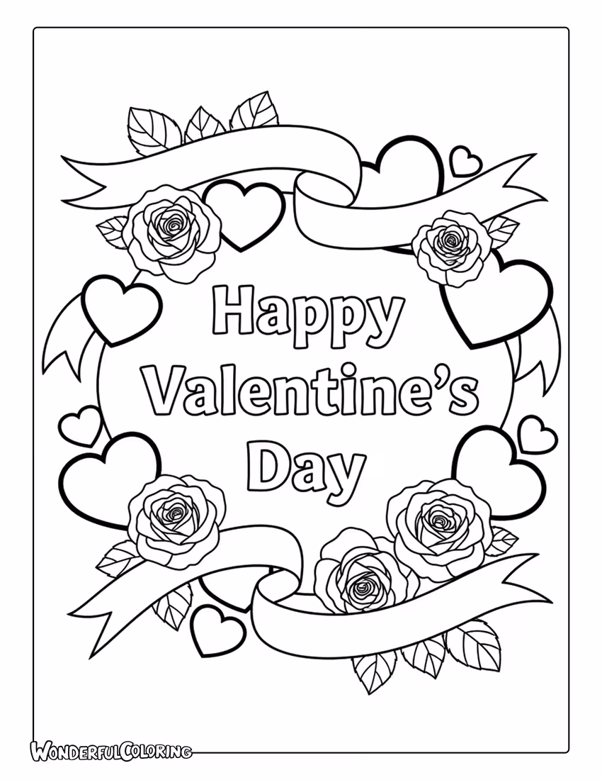 Happy Valentine’s Day hearts and roses coloring page with ribbon banner