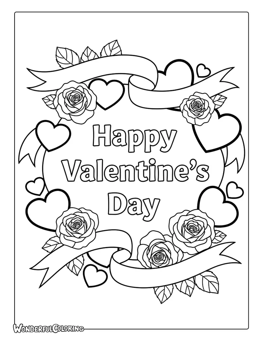 Happy Valentine’s Day hearts and roses coloring page with ribbon banner