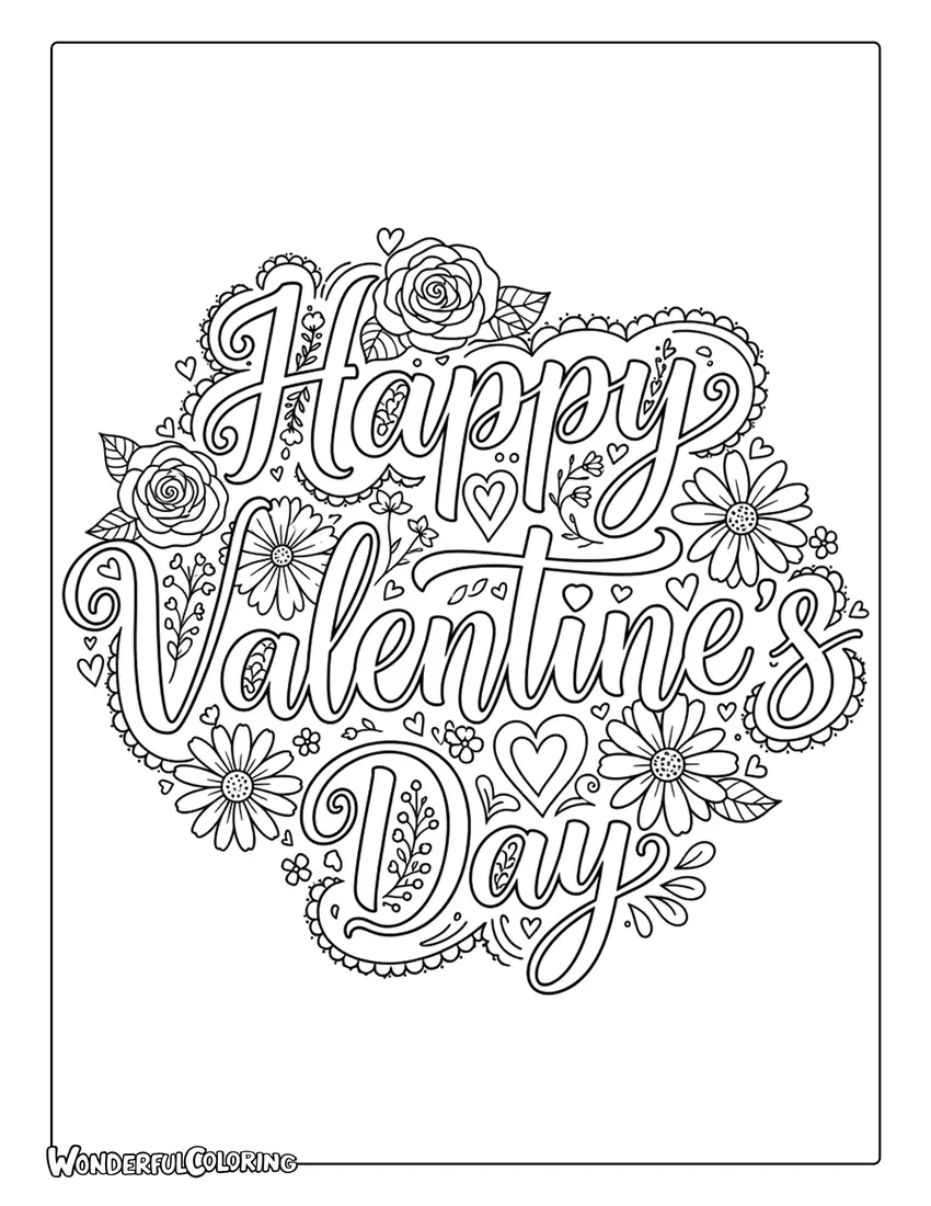 Happy Valentine’s Day hand lettering floral coloring page