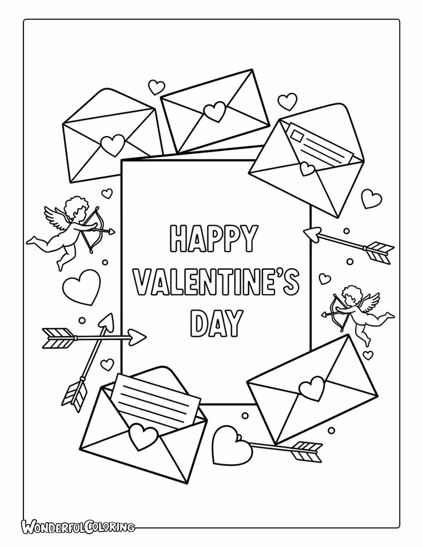 Happy Valentine’s Day love letters and envelopes coloring page