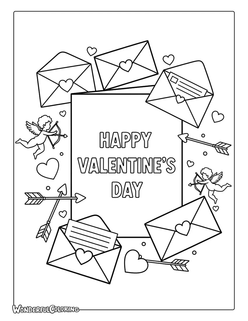 Happy Valentine’s Day love letters and envelopes coloring page